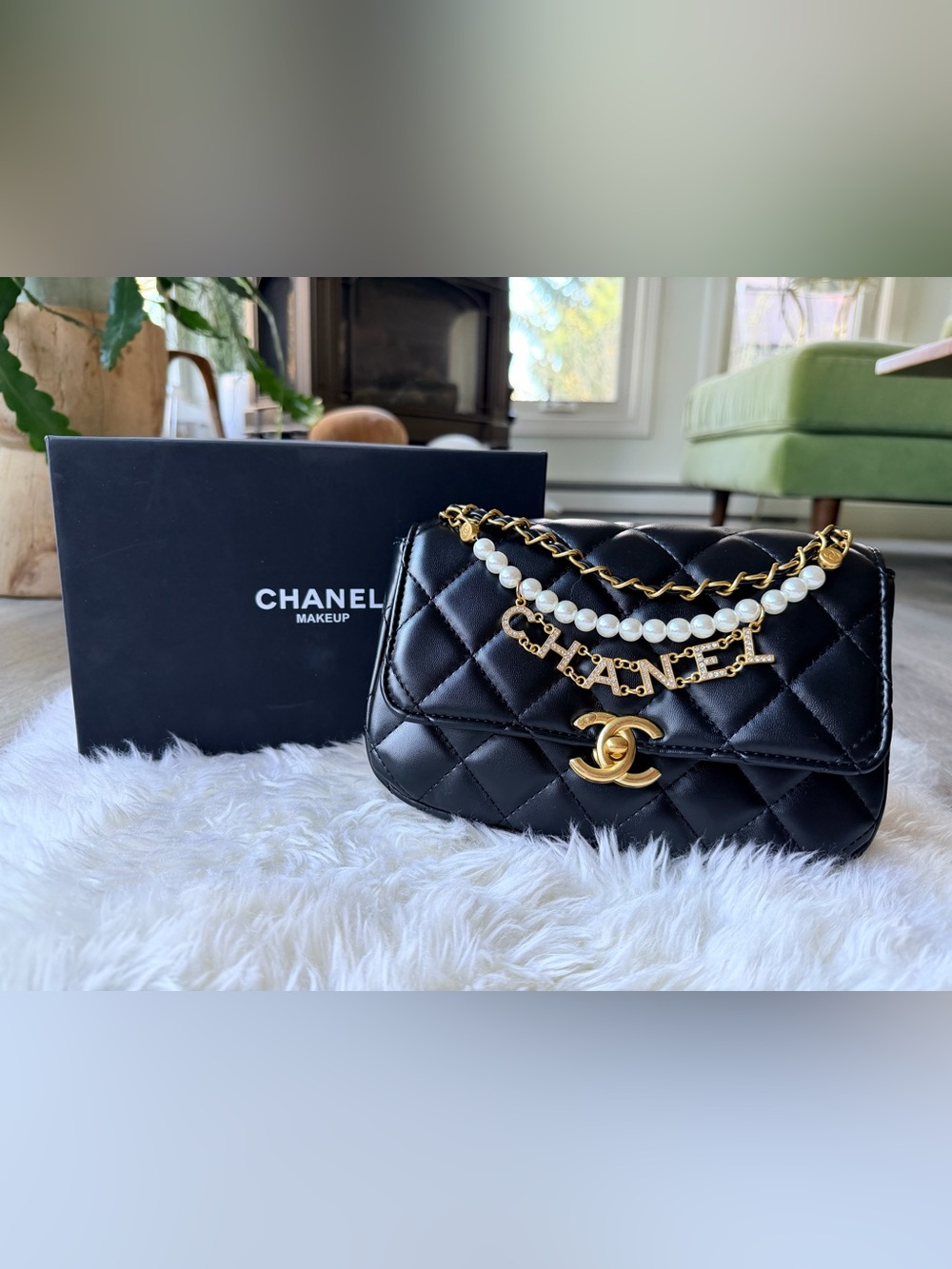 *PRICE FIRM* Chanel MAKEUP Handbag with Crystal Inset ‘CHANEL’ on Chain NIB GWP